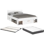 Vente - unique - lit 140 x 190 / 200 cm avec rangements - blanc et naturel + sommier + matelas - kinselia ... Vente - unique - lit 140 x 190 / 200 cm avec rangements - blanc et naturel + sommier + matelas - kinselia ...
