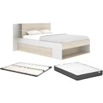 Lit 140 x 190 cm avec rangements - coloris : naturel et blanc + sommier + matelas - kerosia Lit 140 x 190 cm avec rangements - coloris : naturel et blanc + sommier + matelas - kerosia