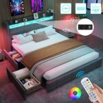 Lit 140 x 190 avec sommier, lit 2 personnes avec �clairage led et port usb, 4 tiroirs, t�te de lits avec ...