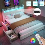 Lit 140 x 190 avec sommier, lit 2 personnes avec �clairage led et port usb, 4 tiroirs, t�te de lits avec ...