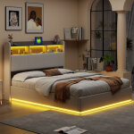 Lit 140 x 200 coffre avec cadre, lit rembourr�, lit adulte, lit coffre hydraulique, port usb, led r�glable, ...