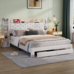 Lit 140 x 200 avec sommier, lit 2 personnes avec rangement, led et usb, t�te de lit avec �tag�res ouvertes ...