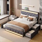 Pergar - lit 140x190 avec 4 tirtors, lit capitonn� 140 x 190 avec rangement, lumi�res led r�glables � ...