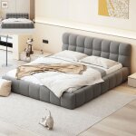 Lit 140x190, lit adulte, lit rembourr�, avec dossier moelleuxm, sommier � lattes, tissu en lin, gris