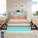 Dans les nuages - lit 140x190 cm, 2 places, avec 4 tiroirs, led, tagres, usb - a / c, sommier  lattes ...