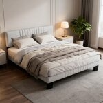 Lit 140x190 cm (2 places) - cadre rembourr capitonnn, tte de lit lin blanc, sommier  lattes largies, ...