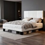 Lit 140x190 cm (2 places)  sommier lattes, cadre capitonnn tte de lit, tissu lin blanc, style moderne, ...