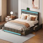 Lit 140x190 cm, avec 4 tiroirs, 2 fonctions usb, clairage led rglable, sommier  lattes, structure ...