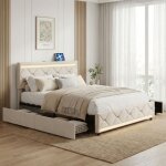 Lit 140x190 cm, 4 tiroir avec, �clairage led en t�te et pied de lit + recharge usb, velours, blanc