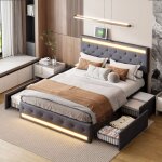 Eifson - lit 140x190 cm, avec 4 tiroirs, t�te de lit led r�glable, chargement usb et type - c, sommier ...