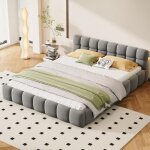 Lit 140x190 cm - avec dossier moelleux et cadre rembourr� - sommier � lattes - lin - convient aux adultes ...