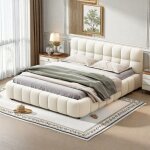 Lit 140x190 cm, avec dossier moelleux, lit double cadre de lit, sommier � lattes et t�te de lit rembourr�e, ...