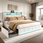 Lit 140x190 cm, lit double avec 4 tiroirs, éclairage led, 2 ports usb, sommier à lattes, tissu en lin, ... Lit 140x190 cm, lit double avec 4 tiroirs, éclairage led, 2 ports usb, sommier à lattes, tissu en lin, ...