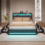 Lit 140x190 cm, lit double avec 4 tiroirs, clairage led, 2 ports usb, sommier  lattes, tissu en lin, ...