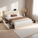 Lit 140x190 cm avec led - lit adulte - tissu en velours - cadre de lit en m�tal - beige