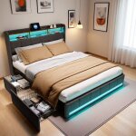 Lit 140x190 cm, avec quatre tiroirs, clairage led rglable, 2 usb et 1 fonction de charge tpcy - c, ...