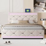 Lit 140x190 cm avec tiroirs - usb et led - velours beige - lit double capitonn�, lit adultes - design ...