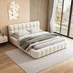 Lit 140x190, lit double, lit adulte, lit de sol, lit capitonn�, cadre de lit avec t�te de lit, sommier ...