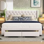 Lit 140x190cm avec 2 tiroirs - lit double avec sommier � lattes et t�te de lit led avec port charge et ...