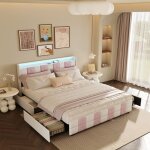 Lit 140x190cm, lit double 140x190 avec tiroirs, led r�glable, chargement usb, cadre de lit, sommier � ...