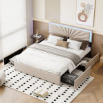 Lit 140x200 adulte avec 4 tiroirs, t�te de lit r�glable en hauteur et lumi�res led ajustables, en lin ...