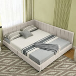 Lit 140x200 - lit adulte 140x200 en velours beige, dossier haut rembourr�, structure bois et cadre m�tal, ...