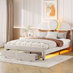 Lit 140x190 cm, 2 places, avec 2 tiroir de rangement, led, ttes de lit rond, sommier  lattes en bois, ...