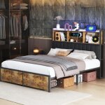 Lit 140x200 cm, 2 tiroirs en pied de lit, �clairage led, fonction de charge usb, cloisons ouvertes, sommier ...