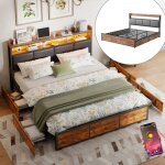 Lit 140x200 cm, avec 4 tiroirs, �clairage led, t�te de lit capitonn� en similicuir, sommier � lattes, ...