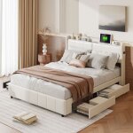 Lit 140x200 cm, avec 4 tiroirs de rangement, chargement usb, pu, ??sommier  lattes, cadre mtal, convient ...