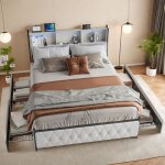 Lit 140x200 cm, avec 4 tiroirs de rangement, clairage led orientable, usb et type - c, cloisons ouvertes, ...