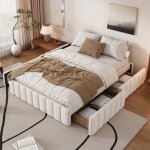 Lit 140x200 cm, avec 4 tiroirs, rayures verticales d�corer, sommier � lattes en bois, cadre en m�tal, ...