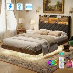 Lit 140x200 cm en bois massif, design flottant, t�te de lit avec �tag�re de rangement et espace de stockage ...