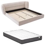 Vente - unique - lit 160 x 200 cm avec tête de lit incurvée - tissu bouclette - beige + matelas - larumo ... Vente - unique - lit 160 x 200 cm avec tête de lit incurvée - tissu bouclette - beige + matelas - larumo ...
