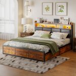 Lit 160 x 200 avec led et tiroirs, cadre de lit en mtal 160x200 avec sommier, 4 tiroirs, bois + mtal, ...