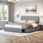 Sureh - lit 160 x 200 avec tte de lit et sommier, lit double tapiss avec rangement, 4 tiroirs, cadre ...