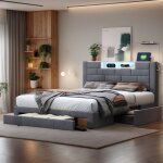 Lit 160 x 200 avec tiroirs, tête de lit, port de charge usb et type c, sommier à lattes, éclairage led, ... Lit 160 x 200 avec tiroirs, tête de lit, port de charge usb et type c, sommier à lattes, éclairage led, ...