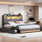 Lit 160x200 avec 4 tiroirs, lit coffre 160x200, lit adulte double avec led r�glable, t�te de lit avec ...