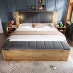 Lit 160x200 ch�ne, liseuses usb, 2 chevets + banc coffre, sommier inclus