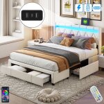 Lit 160x200 cm, 2 places, avec 4 tiroirs, led, motif � diamants, �tag�res, usb - a / c, sommier � lattes ...