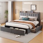 Dans les nuages - lit 160x200 cm, 2 places, avec 4 tiroirs, port usb, tte de lit de motif  carreaux, ...