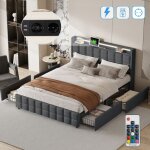Dans les nuages - lit 160x200 cm, 2 places, avec 4 tiroirs de rangement, clairage led, usb charge, sommier ...
