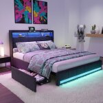 Lit 160x200 cm avec 4 tiroirs - led rglables - 2 ports usb et 1 port type - c - tissu lin - pour adultes ...