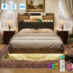 Lit 160x200 cm en bois massif, lit flottant avec t�te de lit et espace de rangement cach�, �clairage ...