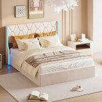 Lit 160x200 cm, lit coffre ado / enfant, �clairage led, v�rin hydraulique, sommier � lattes, velours