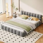 Lit 160x200 cm, avec dossier moelleux et cadre rembourr�, sommier � lattes, lin, convient aux adultes ...