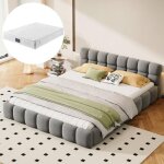 Lit 160x200 cm, avec dossier moelleux et cadre rembourr�, sommier � lattes, lin, convient aux adultes ...