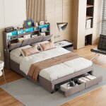 Lit 160x200 cm, lit double avec 2 tiroirs, bande lumineuse led, port de chargement usb, tte de lit rabattable ...