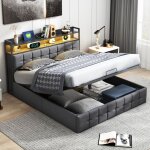 Pergar ? lit coffre 160x200 avec rangement et chargement usb ? dossier souple en velours gris ? lumi�res ...