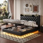 Lit 160x200cm - cadre de lit 160 avec sommier � lattes et t�te de lit rqngement, 2 tiroirs - led, port ...